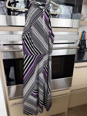 Trina Turk Black & White Striped Dress with Purple and Green Accents